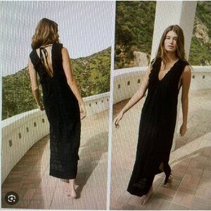 Free People Black Crinkled Cotton Sleeveless Dress With Deep V-Neck & Tie-Back